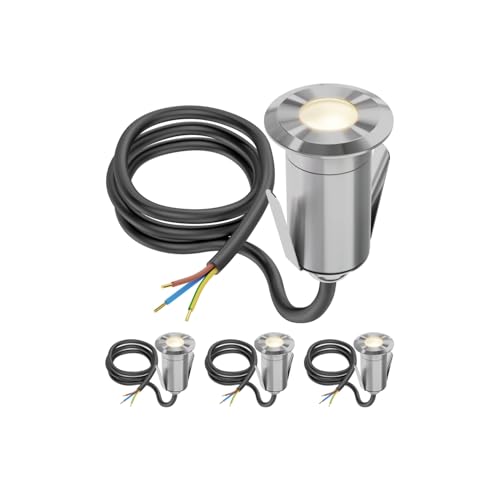 ledscom.de Lampada da incasso a pavimento GLOX a 4 LED per esterni, IP67, alluminio, rotonda, Ø 35 mm, bianco caldo, opaco