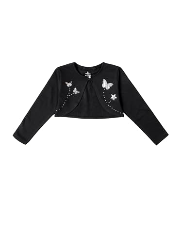 Image of KiddoPanti Girls Fleece Crop Length Shrug | Cotton Poly Fleece Fabric |Sequin Patch on Chest | Front Open Pearl Button Closure | Crop Length, Full Sleeve | Lightweigth & Breathable Girls Shrug