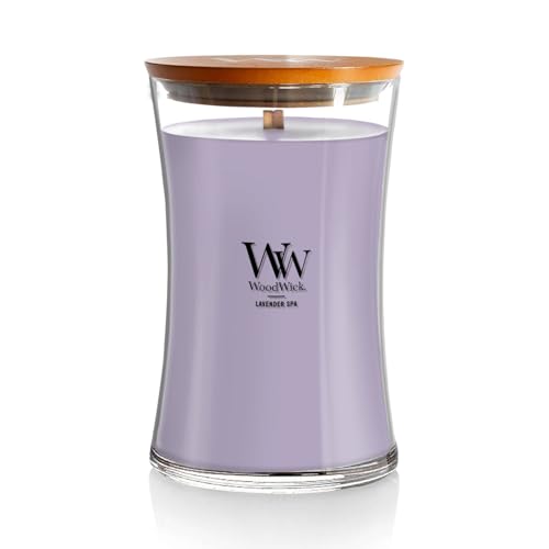 WoodWick Lavender Spa Gifts for Women and Men, 21.5 oz Large Hourglass Candle with Crackling Wick