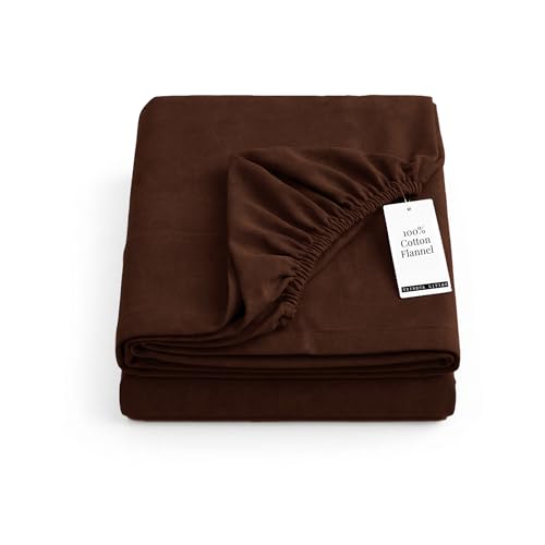 Image of Tribeca Living Queen Flannel Fitted Sheet 170 GSM Brushed Cotton - Extra Deep Pocket Fits Mattresses up to 24 Inches - Warm and Cozy for Cold Nights in Chocolate