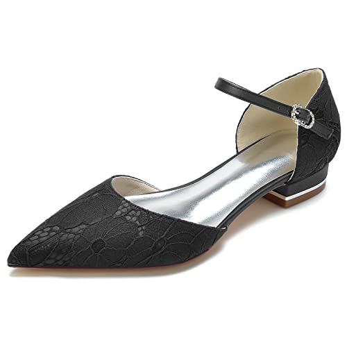 KUHAOFEU Bailarinas De Mujeres De La Puntera Cerrada Zapatos de Novia con Correa de Tobillo De Encaje Satinado Zapatos de Planos de Boda,Negro,42 EU