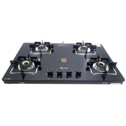 Image of Unicook Hob-Top 4 Burner Gas Stove| Auto-Ignition | Ultra-Slim Design| Forged Brass Burners | ISI Certified | 3 Years Warranty on Glass & Burners + 2 Year Comprehensive Warranty