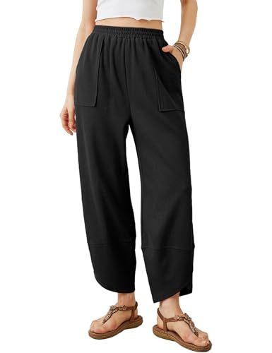 Womens Baggy Wide Leg Pants Elastic High Waisted Casual Trousers Loose Palazzo Pants with Pockets