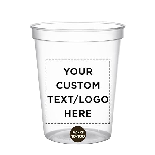 DISCOUNT PROMOS Custom Plastic Stadium Cups 16 oz. Set of 100, Personalized Bulk Pack - Perfect for Birthdays, Weddings, Picnic, Beach, Parties - Clear