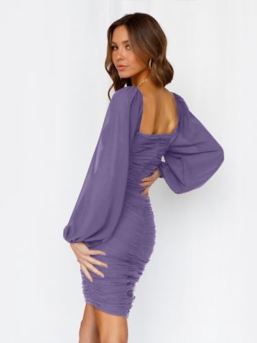 Image of MASCOMODA Women Elegant Square Neck Lantern Long Sleeve Mini Ruched Bodycon Dress Stretch Mesh Slim Party Cocktail Dresses