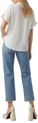 VERO MODA Damen Top Casual Splitneck umgeschlagene Ärmelbündchen Bluse Kurzarm, Farben:Weiß, Größe:M – Ansicht 2