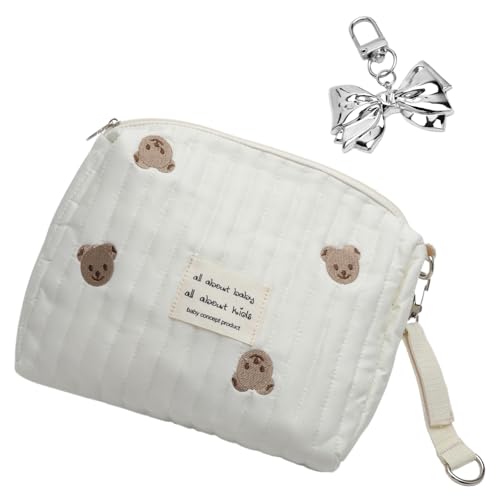 KQDRAVINE Bolsa para PañAles con Pajarita, Bolsos Cambiadores para BebéS con Osito Bordado, Bolso Cambiador para Llevar, Bolso para MamáS con Gancho para Cochecito, para Viajes de MamáS Y BebéS