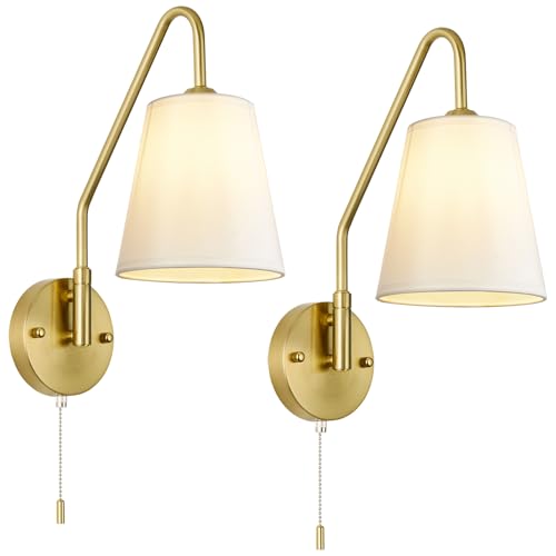 Image of PASSICA DECOR Swing Arm Wall Sconces Set of 2 Hardwired 180 Degree Left and Right Wall Light with Pull Chain Gold Vintage Wall Lamps for Bedroom Farmhouse Living Room