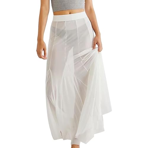 Women's Sheer Mesh Tulle Skirts High Waisted Long Maxi Summer Swimsuit Cover Up See Through Beach Flowy Skirt
