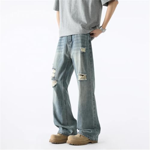 Men Summer Jeans Vintage Baggy Straight Pants Hiphop Ripped Jeans Blue Denim Trousers3