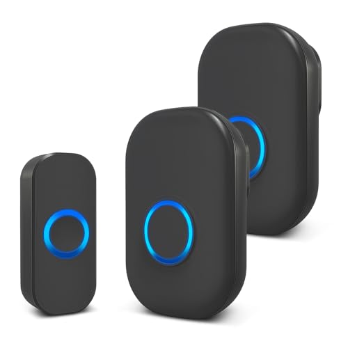 AMFUN Timbre Inalámbrico, Negro Enchufable Timbre, Timbre Inalámbrico Exterior, 32 Melodías Ajustables, 4 Niveles de Volumen, Doorbell Indicador LED, para El Hogar Oficina, Hotel, Emergencia