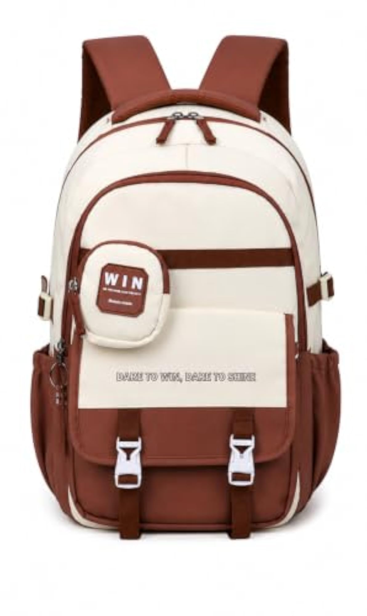 Casual Backpack with Mini Pouch, Brown and Beige