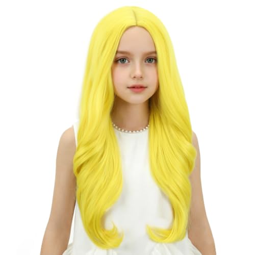 Image of Child Light Yellow Wig Girls Long Yellow Wavy Curly Wig Long Middle Part Wigs for Kids Heat Resistant Synthetic Wigs with Cap