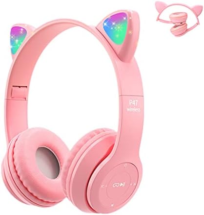 Megadream Kids Wireless Headphones, Bluetooth Over Ear Headphones with Microphone, Cat Ear LED Light Child Headset TF Card/Wired Foldable Earphones for Girls Boys Gift Age 7+ (Pink)