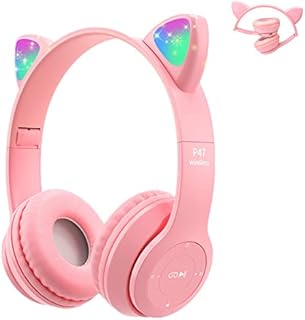 Megadream Kids Wireless Headphones, Bluetooth Over Ear Headphones with Microphone, Cat Ear LED Light Child Headset TF Card/Wired Foldable Earphones for Girls Boys Gift Age 7+ (Pink)