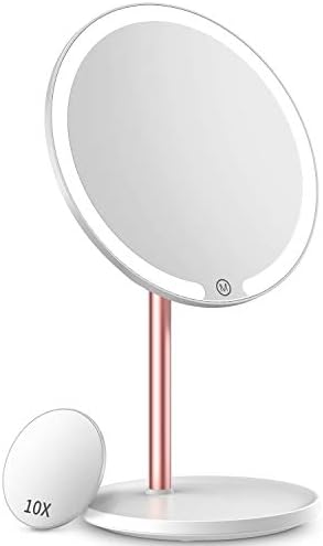 Kostlich Lighted Makeup Mirror, Rechargeable LED Vanity Mirror with 10X Magnification Mini Mirror, Touch Sensor, 3 Color Lights Dimamable, 360 Degree Rotation, Detachable Portable Tabletop Mirrors