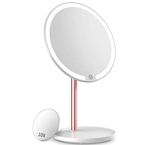 Kostlich Lighted Makeup Mirror, Rechargeable Led Vanity Mirror With 10X Magnification Mini Mirror, Touch Sensor, 3 Color Lights Dimamable, 360 Degree Rotation, Detachable Portable Tabletop Mirrors #TOP1