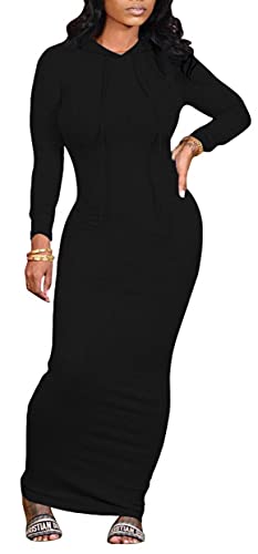 WUSENST Women's Maxi Dress Sexy Bodycon Long Sleeve Pullover Hoodie Casual Slim Sweatshirt