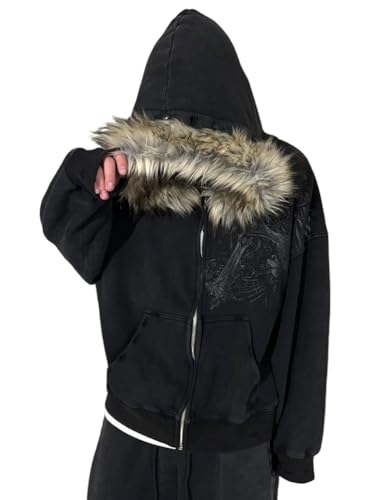 ORANDESIGNE Y2K Hoodie Herren Zip Up Kapuzenpullover Jacke mit Fellkapuze Warmer Pelz Wintermantel Streetwear A Schwarz L