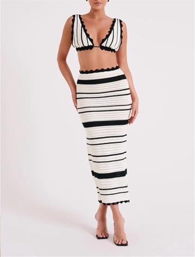 Crochet Knit 2 Piece Skirt Set for Women Knit Top Striped Bodycon Long Skirt Beach Cover Up Streetwear2