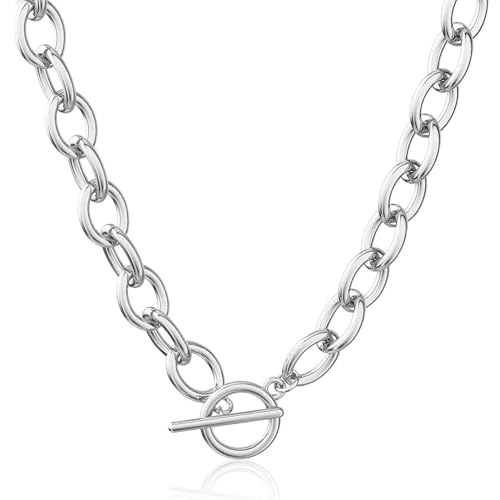 CHESKY Chunky Silver Necklace for Women, Trendy Silver Plated Chain Necklace Layered Paperclip Herringbone Cuban Link Chain Necklace Thick Toggle Necklaces Non Tarnish Womens Jewelry