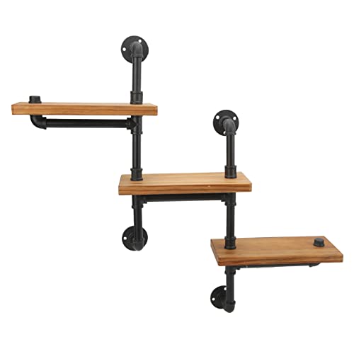 Juego de estantes flotantes industriales para baño, dormitorio, sala de estar, estantería de almacenamiento rústica con diseño de escalera de madera (3 escaleras)