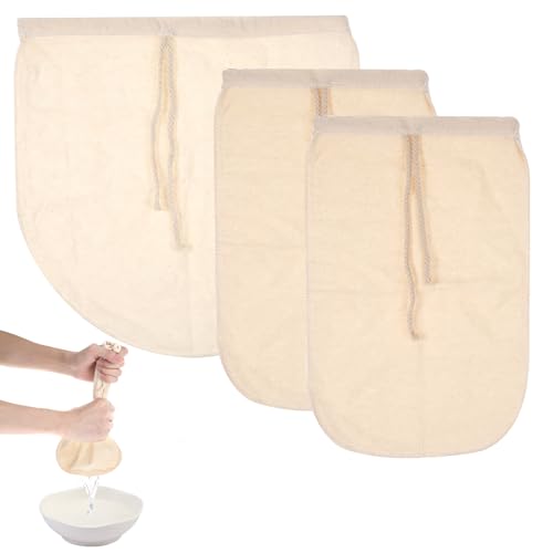 cobee Cotton Nut Milk Bags Food Strainer, 3 Pack 2 Sizes Fine Mesh Strainer Cloth With Drawstring Reusable Filter Cheesecloth Fine Mesh Filter Cloth For Cheese Fruit Juice Coffee Vegetable Juice