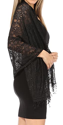 Sakkas Mari Women's Large Lightweight Soft Lace Scarf Wrap Shawl Floral and Fringe3