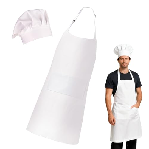 Kochschürze Herren Weiß Küchenschürze und Kochmütze Verstellbare Koch Kostüm mit 2 Taschen Wasserdichte Damen Herren Backschürze und Elastische Kochhut für Küche Hause Restaurant Hotel Café(65x80cm)