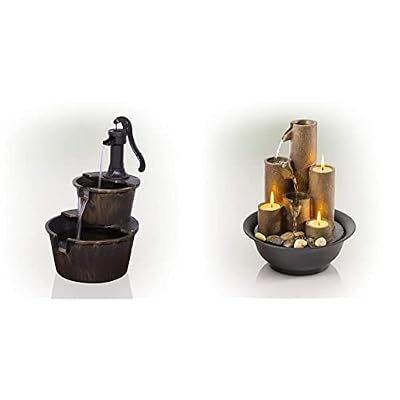 Alpine Corporation Barrel Waterfall Fountain and Tiered Column Tabletop Fountain with Candles