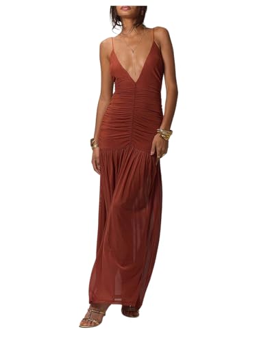 SOLY HUX Women's Maxi Dress Deep V Neck Spaghetti Strap Ruched Bodycon Long Cami Dresses Solid Red Small