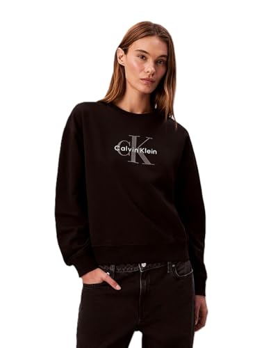 Calvin Klein Sudadera Mujer Monologo French Terry con Cuello Redondo, Negro (Black), M