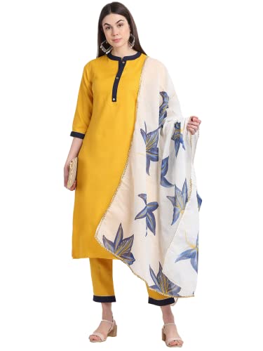 ANNI DESIGNER Women's Cotton Blend Straight Kurta with Palazzo & Dupatta (SUNKI), Yellow, XXL