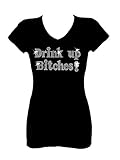 Rockeroo Boutique Drink Up Bitches Angel Wings Rhinestone Party V Neck Short Sleeve Tee Shirt (L)...