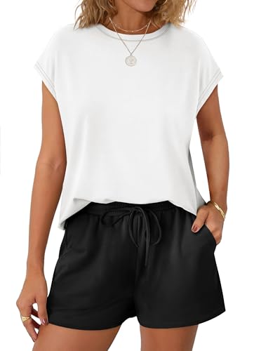 Image of WIHOLL Two Piece Sets for Women Summer Crew Neck Lounge Short Sets Cap Sleeve Drawstring Sweatsuit with Pocket