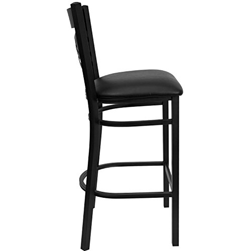 Butaco de bar metálico con respaldo en X, asiento de vinilo negro y estructura de metal negro miniatura 6
