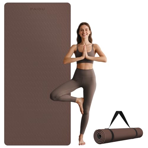 PAIDU Extra Long Wide Yoga Mat 76x33x2/5 Inch - Non Slip Thick Exercise Mat for Home Gym Yoga Pilates & Workouts (Dark brown + Black)