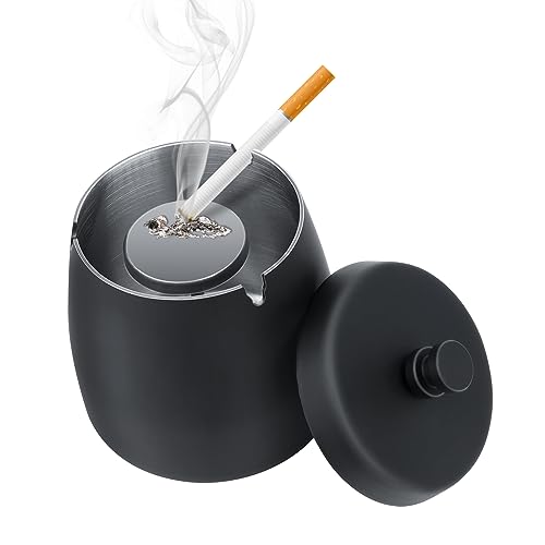 Cendrier Inoxydable Noir Avec Couvercle - Portable pour Intérieur et Extérieur, Tapis Antidérapant - pour Restaurant, Bar (Noir)