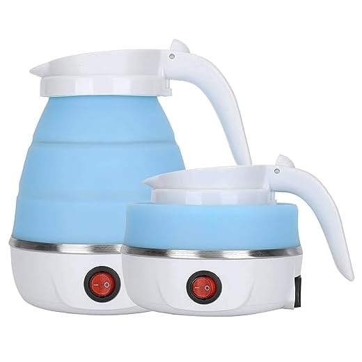 Travel Kettle Electric Small Foldable Portable Kettle,Silicone Collapsible Heating Water Boiler Tea Pot for Camping,Easy for Storage with Separable Power Cord (Blue pro)