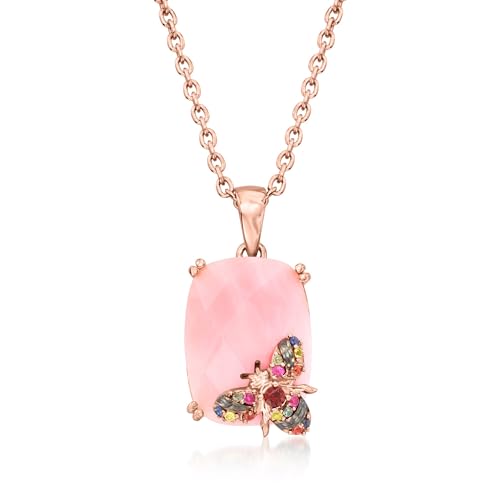 Ross-Simons Pink Opal Bumblebee Pendant Necklace With .10 ct. t.w. Multicolored Sapphires and Single Garnet in 18kt Rose Gold Over Sterling. 18 inches
