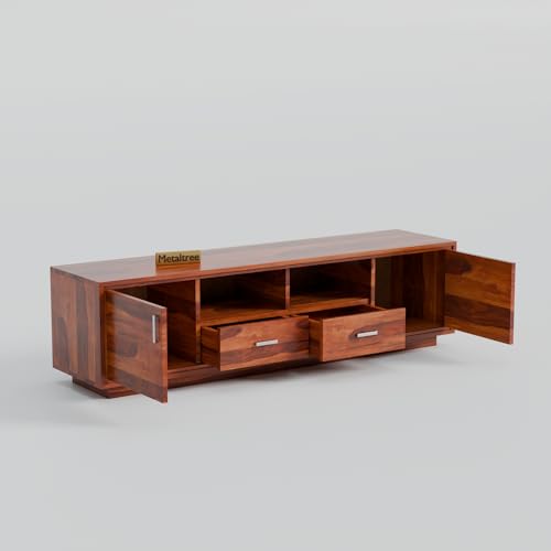 Image of Premium Solid Sheesham Wood TV Unit with 2 Drawers, 2 Shelves, and 2-Door Storage - Accommodates up to 65-Inch TV - Ideal for Living Room (Crimson, Honey Finish)