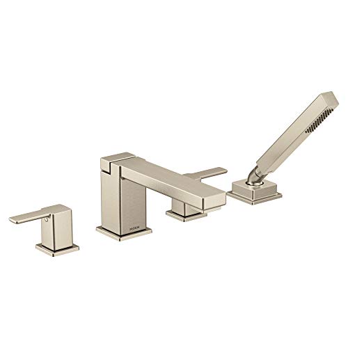Moen TS914BN 90 Degree Two-Handle Deck Mount Roman Tub Faucet Trim Kit, Valve Required, Including Single Function Handshower, Brushed Nickel