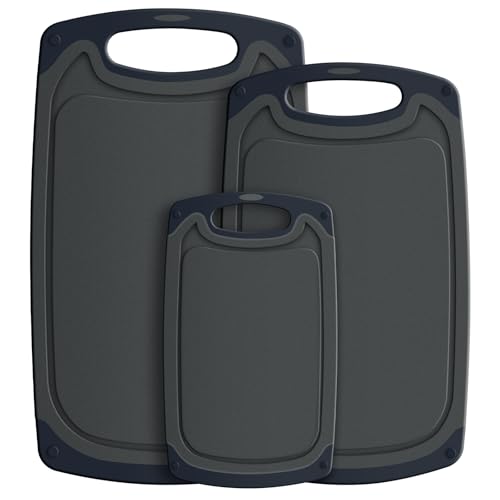 Schneidebrett Set 3 Stück BPA-frei und Spülmaschinenfest Schneidebretter mit Saftschlitz rutschfestes Küchenbrett Weizenstroh Frühstücksbrettchen im Set Grau