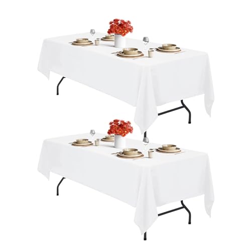 IVAPUPU 2PCS White Table Cloth for Rectangle Table - 60 x 102 Inch Tablecloths Rectangular Cloths Waterproof Washable Wrinkle Resistant for 6 FT Tables Wedding Cocktail Party