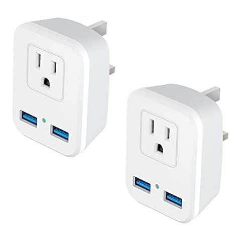 [2-Pack] US to UK Plug Adapter, Type G Plug Adapter with Ireland Hong Kong Plug Adapter with 2 USB Charger, 1 Outlets Power Adaptor for US to London England Scotland British Kenya Dubai Qatar. Cover