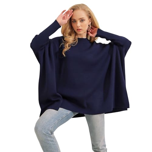Image of Women's Crew Neck Batwing Sleeve Split Hem Oversized Knit Poncho Sweater