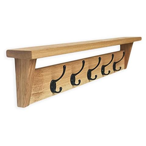 Off the Grain Oak Coat Rack with Shelf | Wooden Wall Mounted Coat Hooks with Shelf with Premium Heritage Oak Finish | Perfect for Hallway, Bedroom, Living Room, Bathroom (4 Hooks - 62cm) Cover