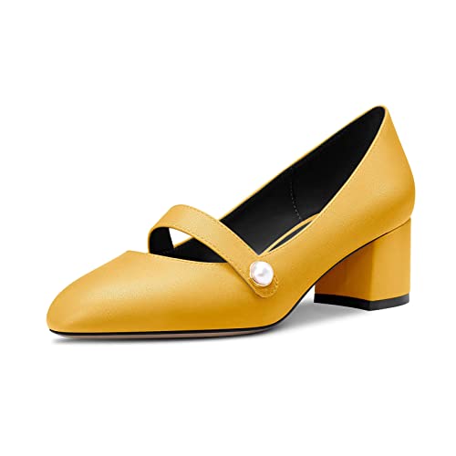 NobleOnly Mid Chunky Block Heel Close Round Toe Slip-on Pumps Party Office Cute Shoes 2.0 Inches Heels