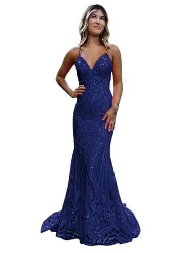 Women's Spaghetti Straps Sparkly Sequin Mermaid Prom Dresses Backless Long Formal Party Evening Gowns