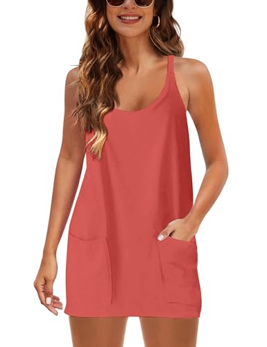 Image of Lentta Womens Athletic Sleeveless Mini Dress with Built-in Shorts V Neck Spaghetti Strap Sundress
